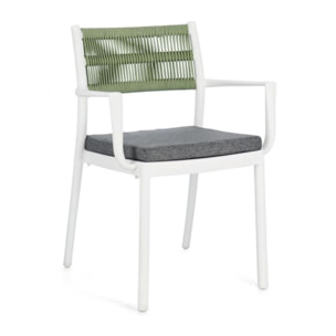 Set di 4 sedie ALVIN in polipropilene bianco e corda intrecciata verde, con braccioli