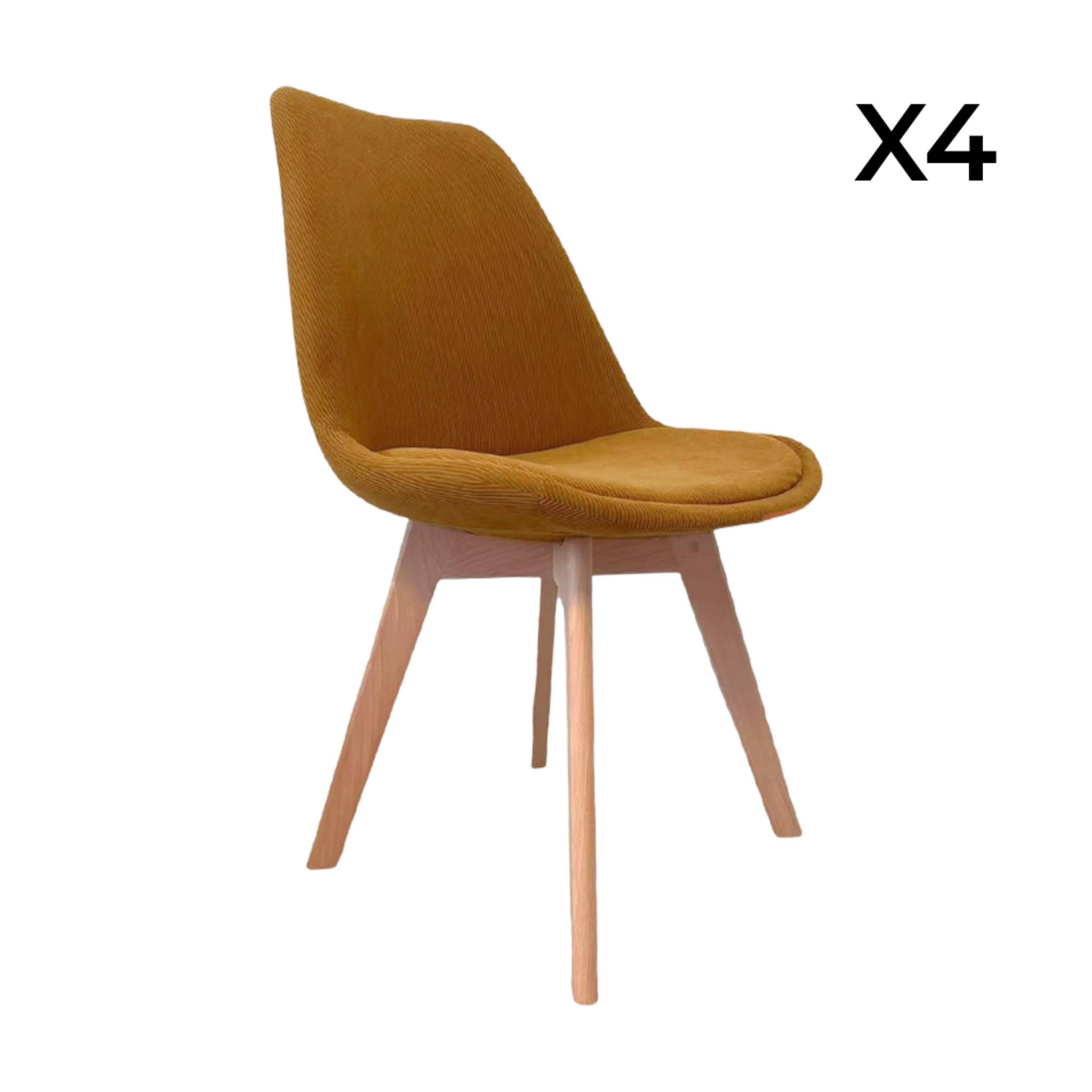 Lot de 4 chaises scandinaves revêtement velours côtelé ocre. pieds bois de hêtre - Nils