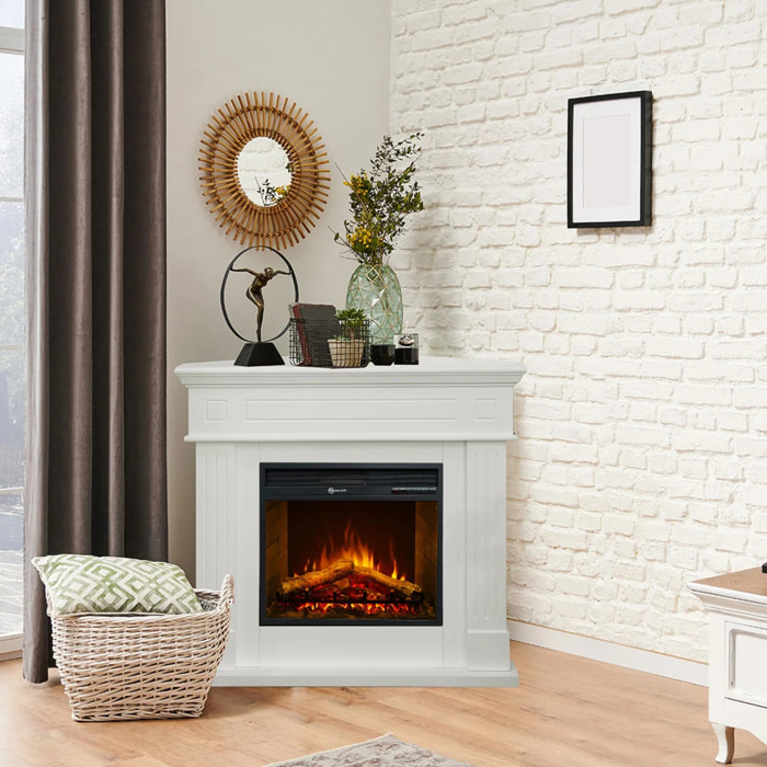 Ford - Camino Elettrico da Terra ad Angolo con Effetto Fiamma 110x102x63 cm in Legno Bianco