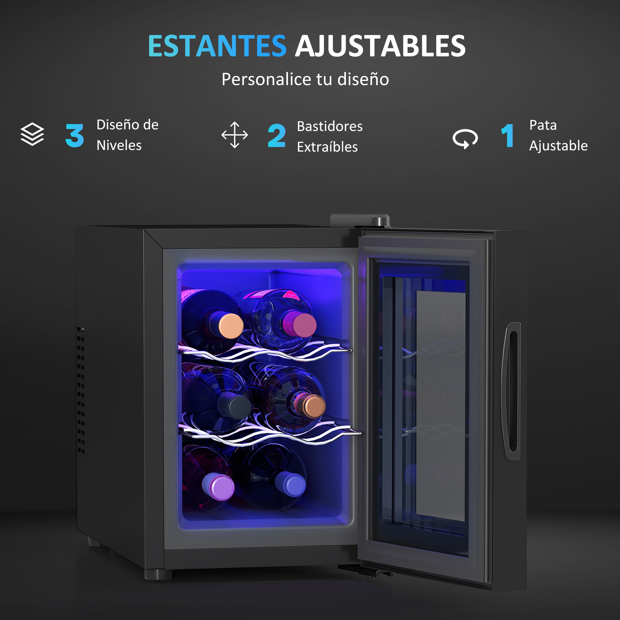 Nevera Vinos 6 Botellas 17L Vinoteca Silenciosa con Luz LED Interior Pantalla LED Táctil Temperatura Regulable 8-18 ℃ Puerta de Vidrio Templado Anti-UV y 2 Estantes Ajustables Negro