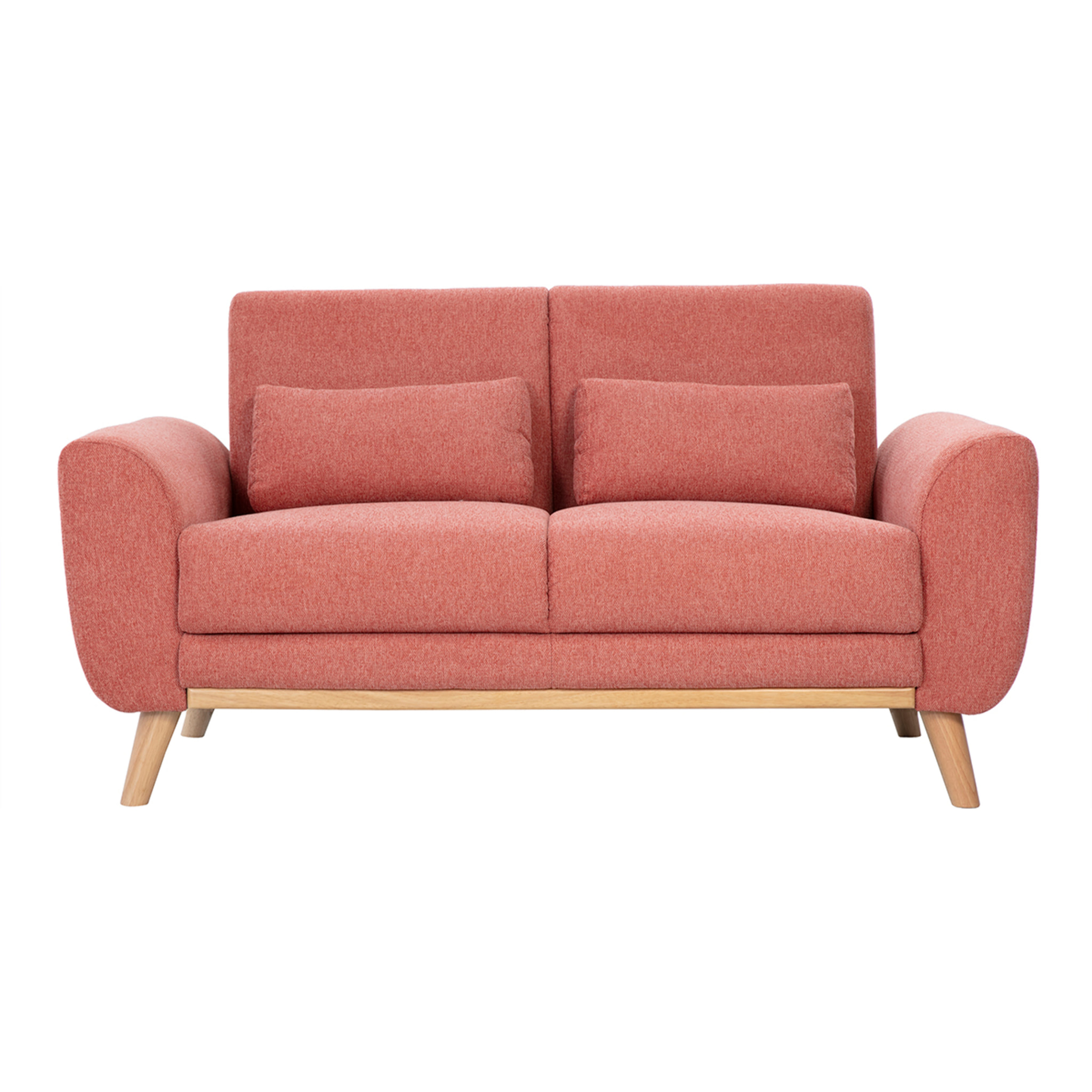 Canapé scandinave 2 places en tissu effet velours texturé terracotta et bois clair EKTOR