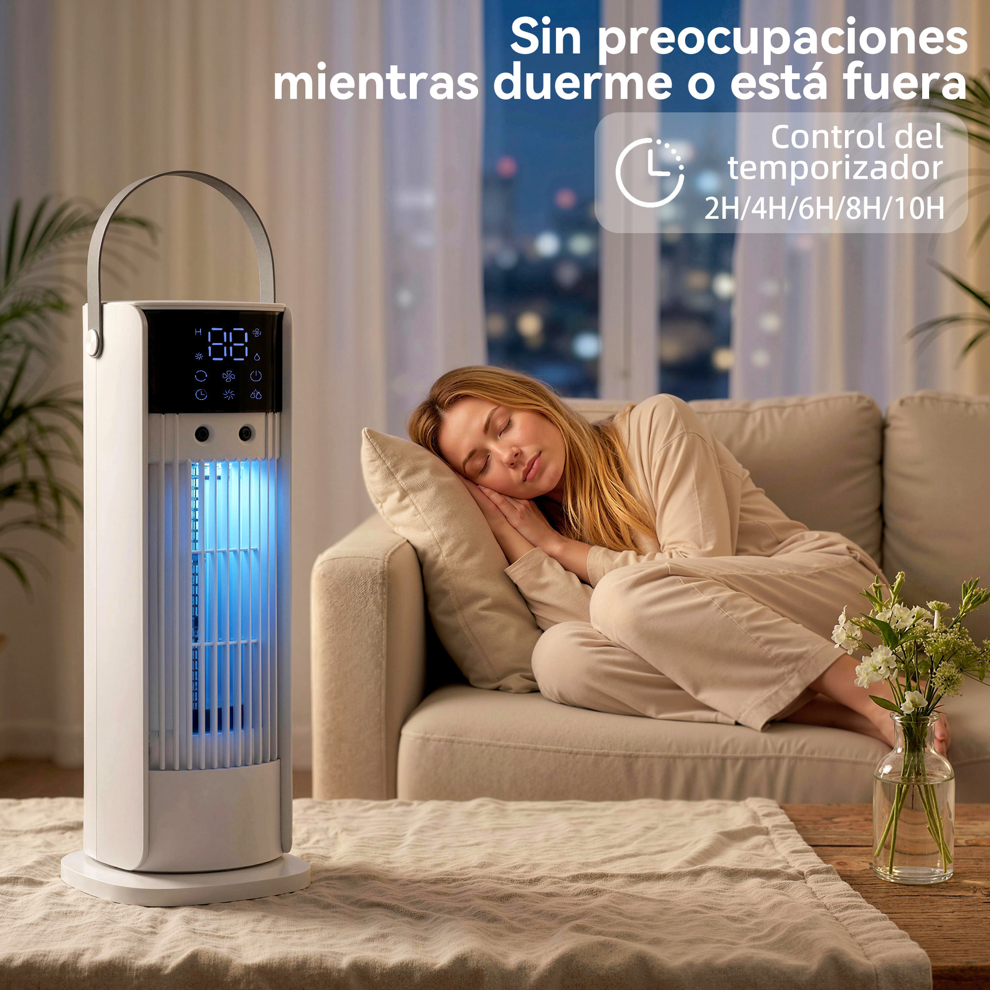 Ventilador de Escritorio con Niebla, Luz RGB, Ventilación de Mesa con 3 Velocidades, Oscilación de 90°, Temporizador de 10H, Control Remoto, Asa, para Dormitorios, Blanco