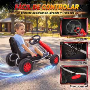 AIYAPLAY Kart Pedales para Niños de +3 Años, Go Kart con Asiento Ajustable, Volante, Freno Manual, Marco de Aluminio y Acero, Carga 30 kg, Rojo