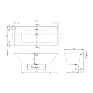 Baignoire droite 180 x 80 VILLEROY & BOCH Collaro acrylique blanc brillant avec vidage et trop plein blanc brillant