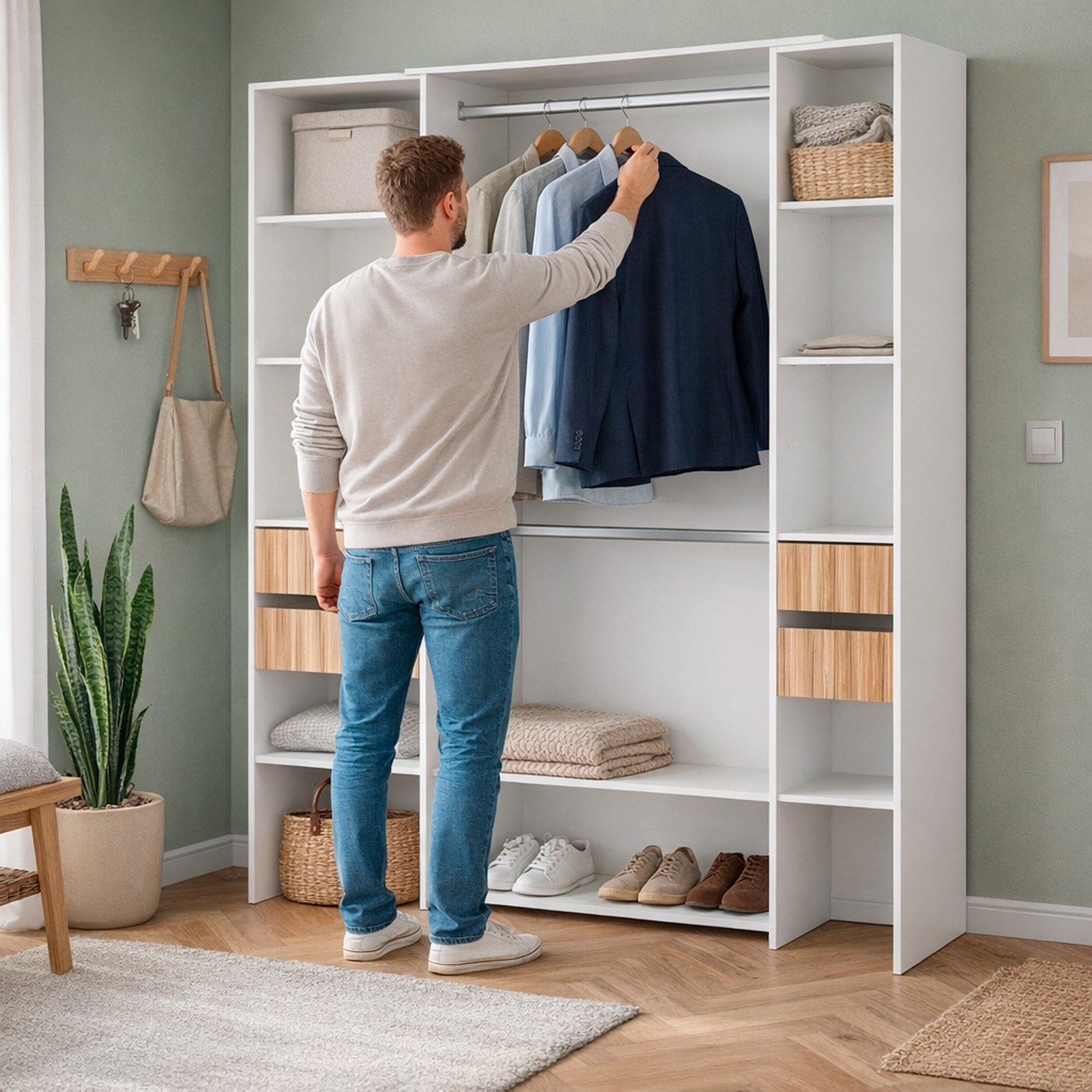 Armadio Guardaroba Aperto Con Ripiani Regolabili 3 Cassetti Doppio Appendiabiti In Alluminio Mobile Multiuso 190 x 187 x 40 Cm Bianco E Rovere Listato