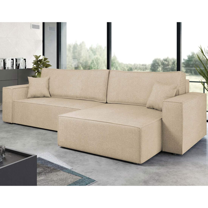 Cezanne - Canapé d'angle réversible 5 places convertible avec coffre en tissu texturé - Beige