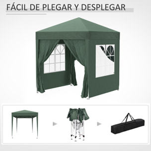 Carpa Plegable 2x2 m Cenador de Jardín con 4 Paredes Laterales Tela Oxford 2 Puertas 2 Ventanas y Bolsa de Transporte para Exterior Terraza Camping Fiestas Verde