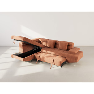 Margaux - Canapé d'angle gauche 5 places convertible avec coffre et têtières réglables en velours texturé - Terracotta