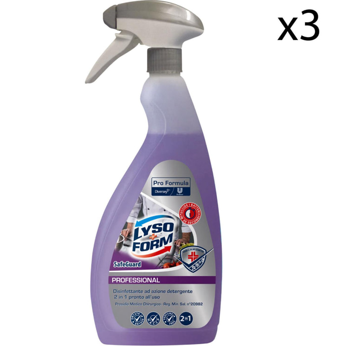 3x Lysoform Professional Safeguard Spray Disinfettante Detergente 2in1 Presidio Medico Chirurgico - 3 Flaconi da 750ml