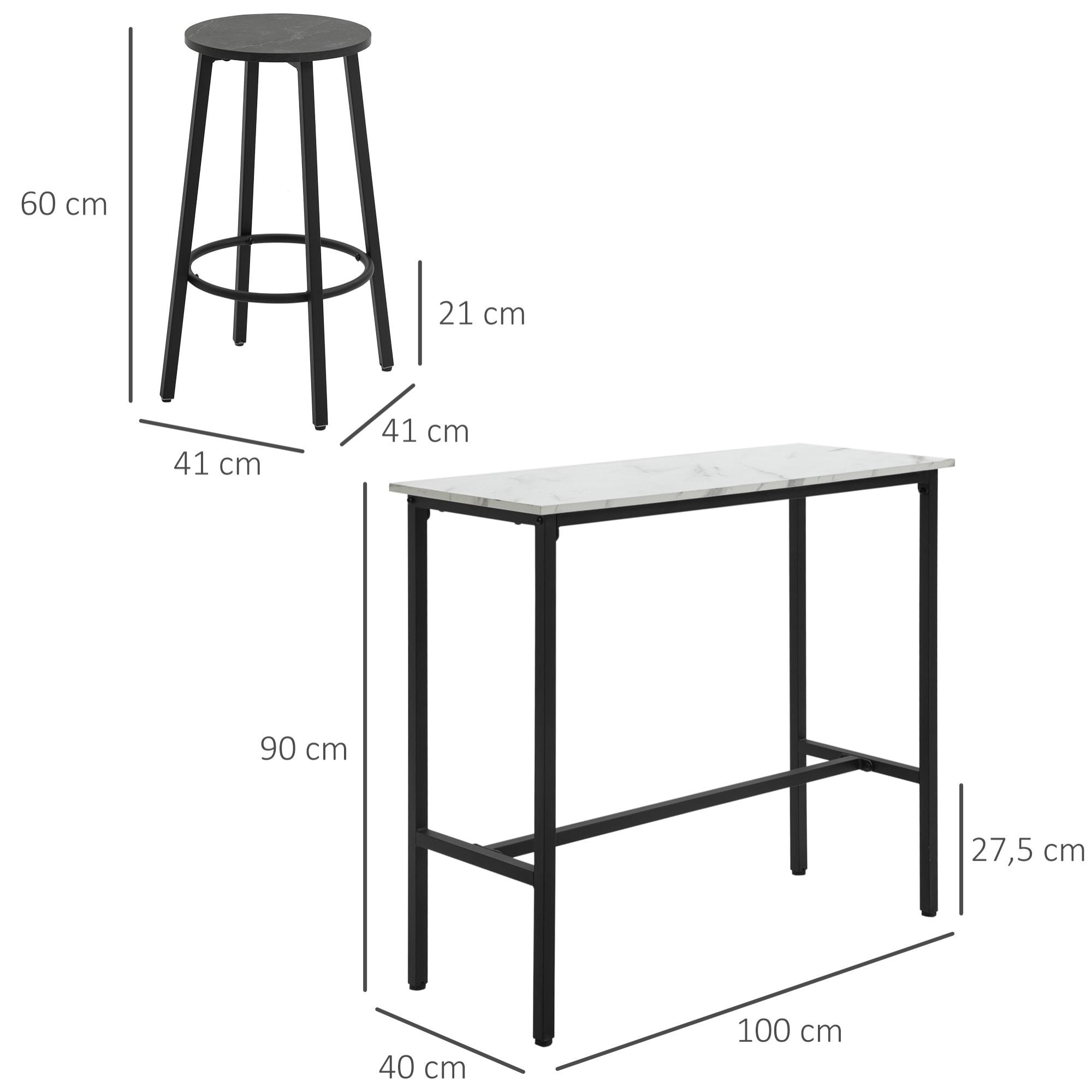 Juego de Mesa de Comedor Mesa Alta de Bar con 2 Taburetes Redondo 3 Piezas Marco de Acero Estilo Moderno para Cocina Salón Blanco y Negro