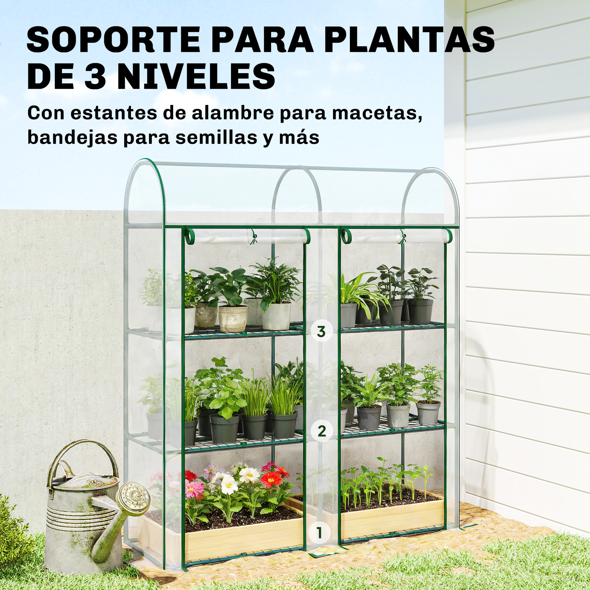 Invernadero Pequeño de 3 Niveles, Invernadero de Exterior con 2 Puertas Enrollables, Marco de Acero y Cubierta de Plástico Anti-UV para Cultivar Plantas, Flores, 143x46x164 cm, Transparente