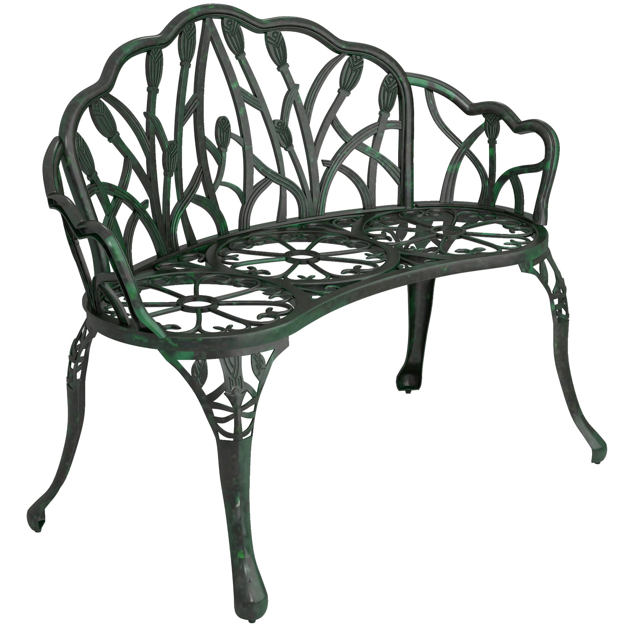 Banc de jardin 2 places style néo-rétro motif tulipes lignes fuselées fonte d'aluminium vert vieilli