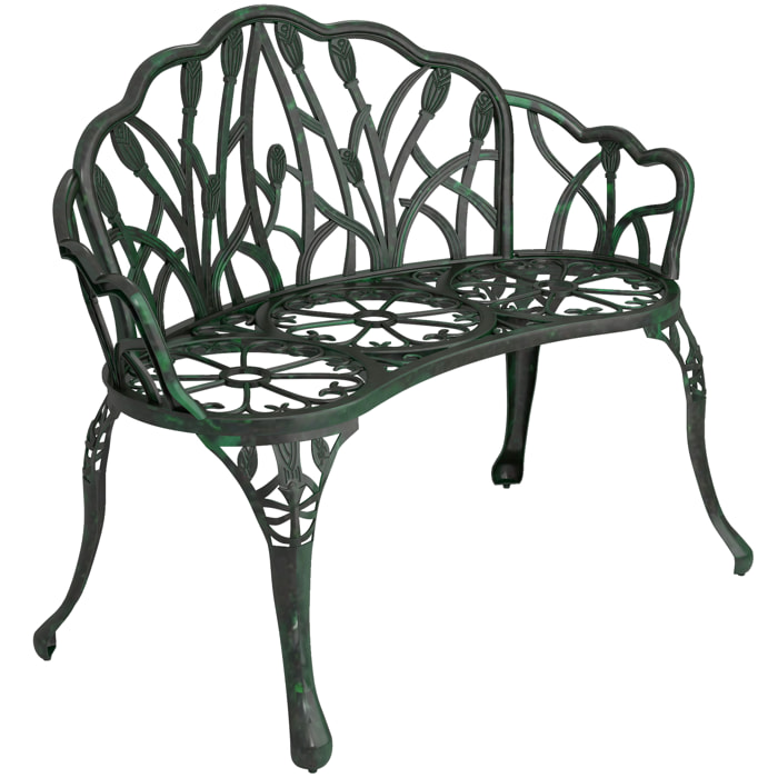 Banc de jardin 2 places style néo-rétro motif tulipes lignes fuselées fonte d'aluminium vert vieilli