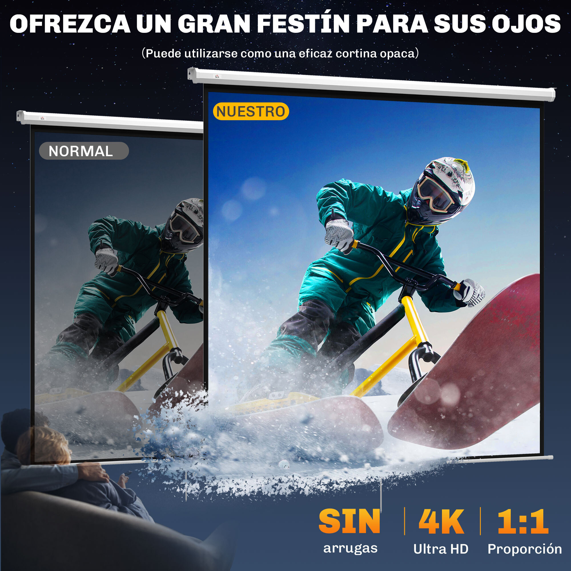 Pantalla de Proyector Manual 120 Pulgadas Pantalla de Proyección Portátil Formato 1:1 Ángulo de Visión de 160° para Interior y Exterior Cine en Casa Patio 207x207 cm Blanco