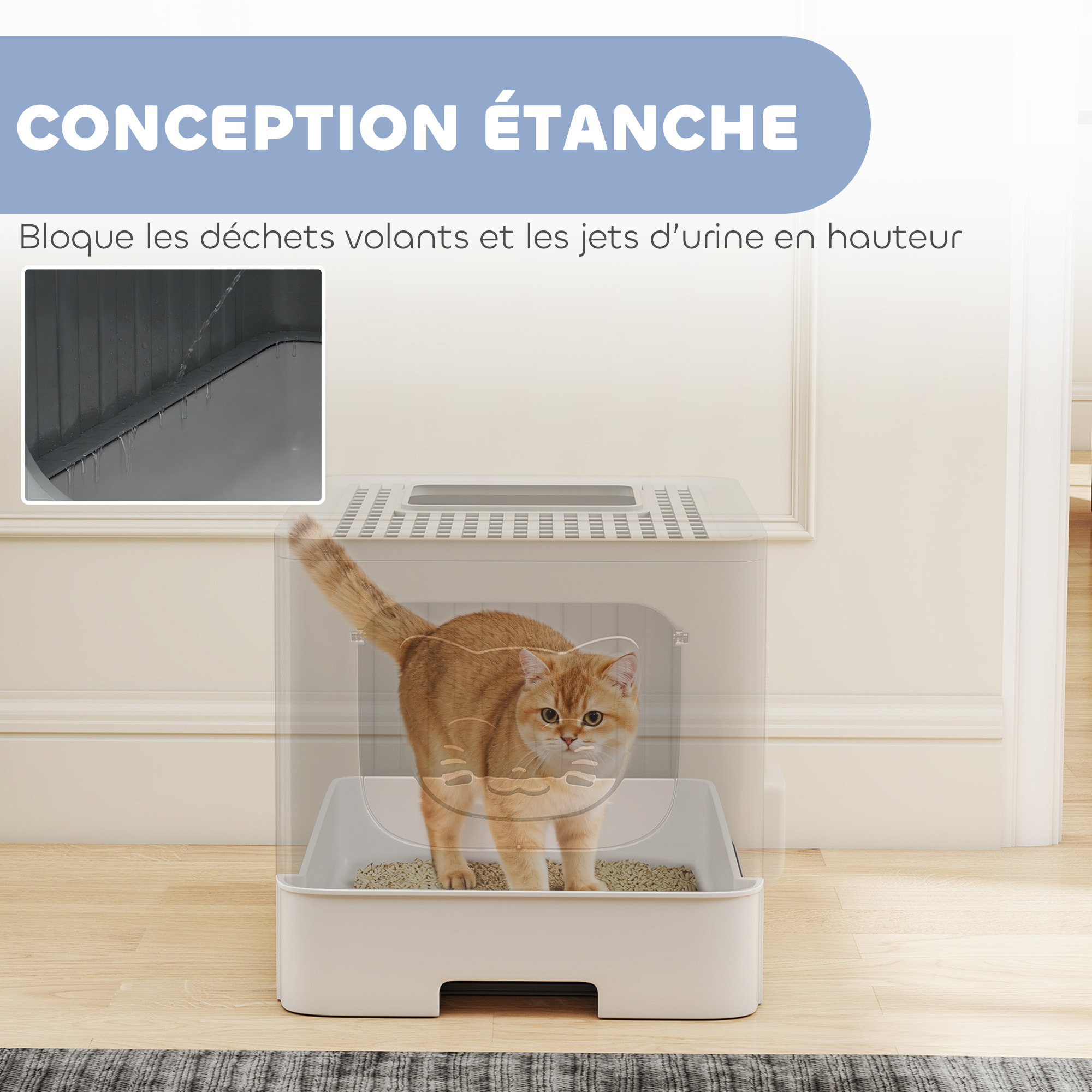 Maison de toilette chat tiroir coulissant porte trappe pelle blanc gris