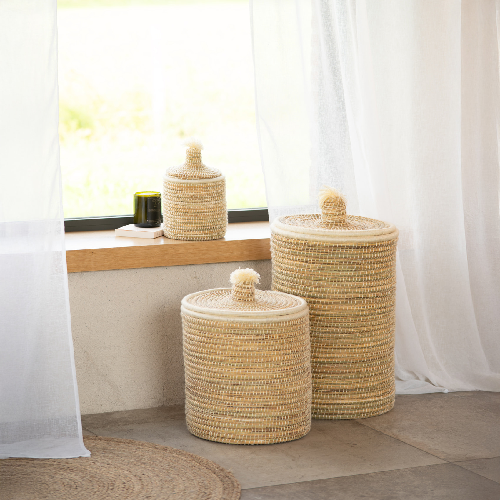 Panier à linge en fibres végétales et laine - Blanc