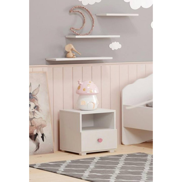 Comodino moderno per camera da letto, Tavolino da notte con 1 cassetto e pomello, cm 40x38h41, colore Bianco e Rosa