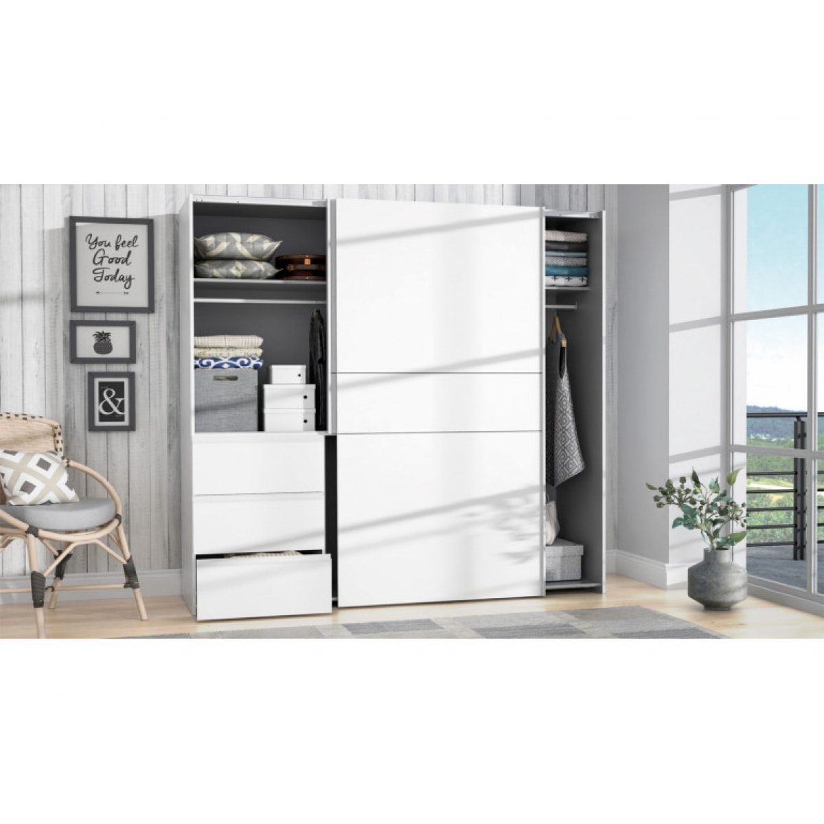 Armoire portes coulissantes 3 tiroirs bois L200 cm - 2 coloris - LOOKY