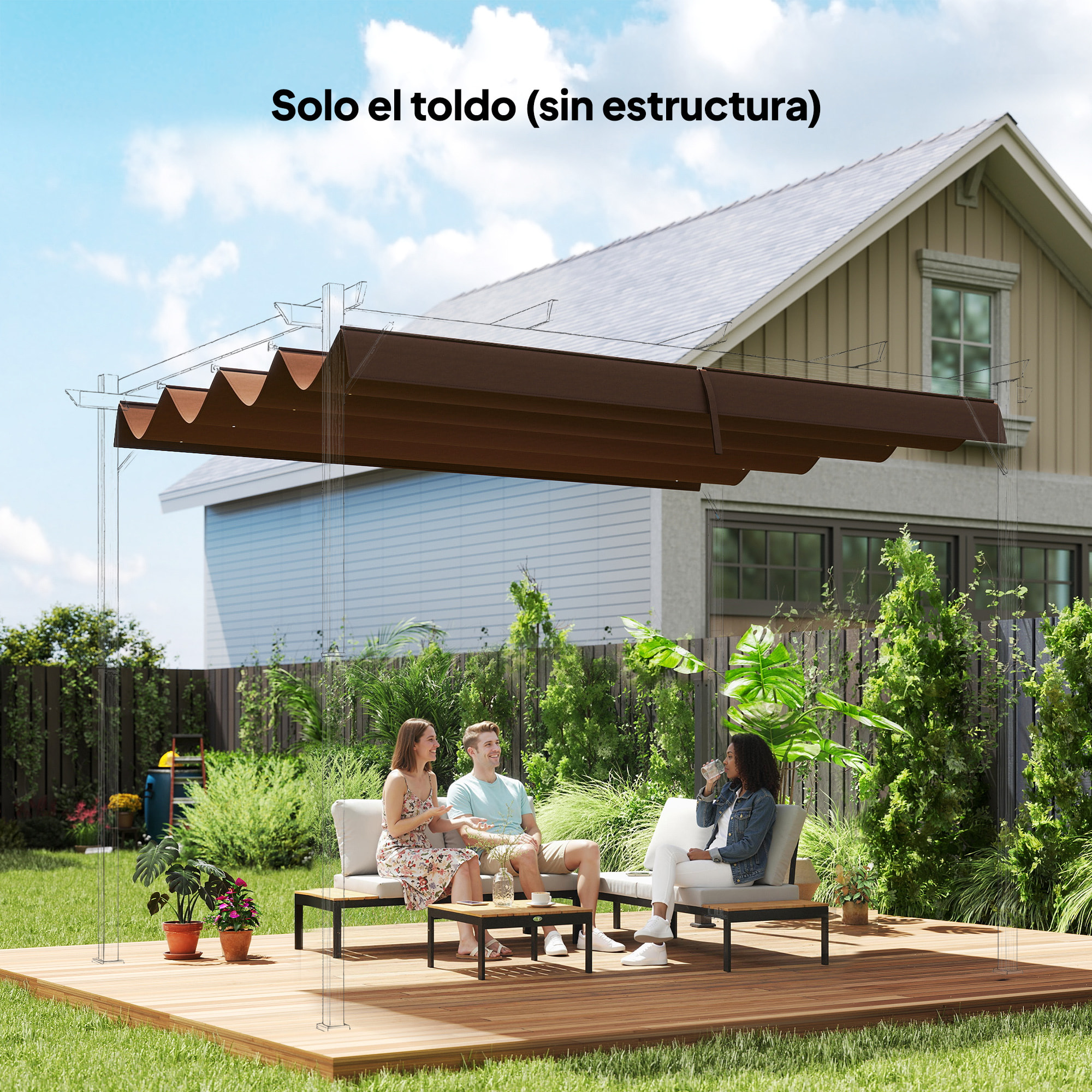 Techo de Pérgola 3x2,5 m, Techo de Repuesto Retráctil para Marco de Pérgola de 3x2 m, UV30+, Toldo de Tela Solo para Cenador Jardín con 8 Orificios de Drenaje, Café