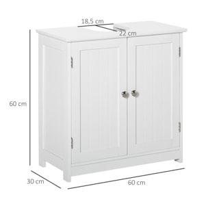 Meuble vasque - meuble sous-vasque - 2 portes rainurées avec étagère réglable - poignées métal chromé - dim. 60L x 30l x 60H cm - MDF blanc