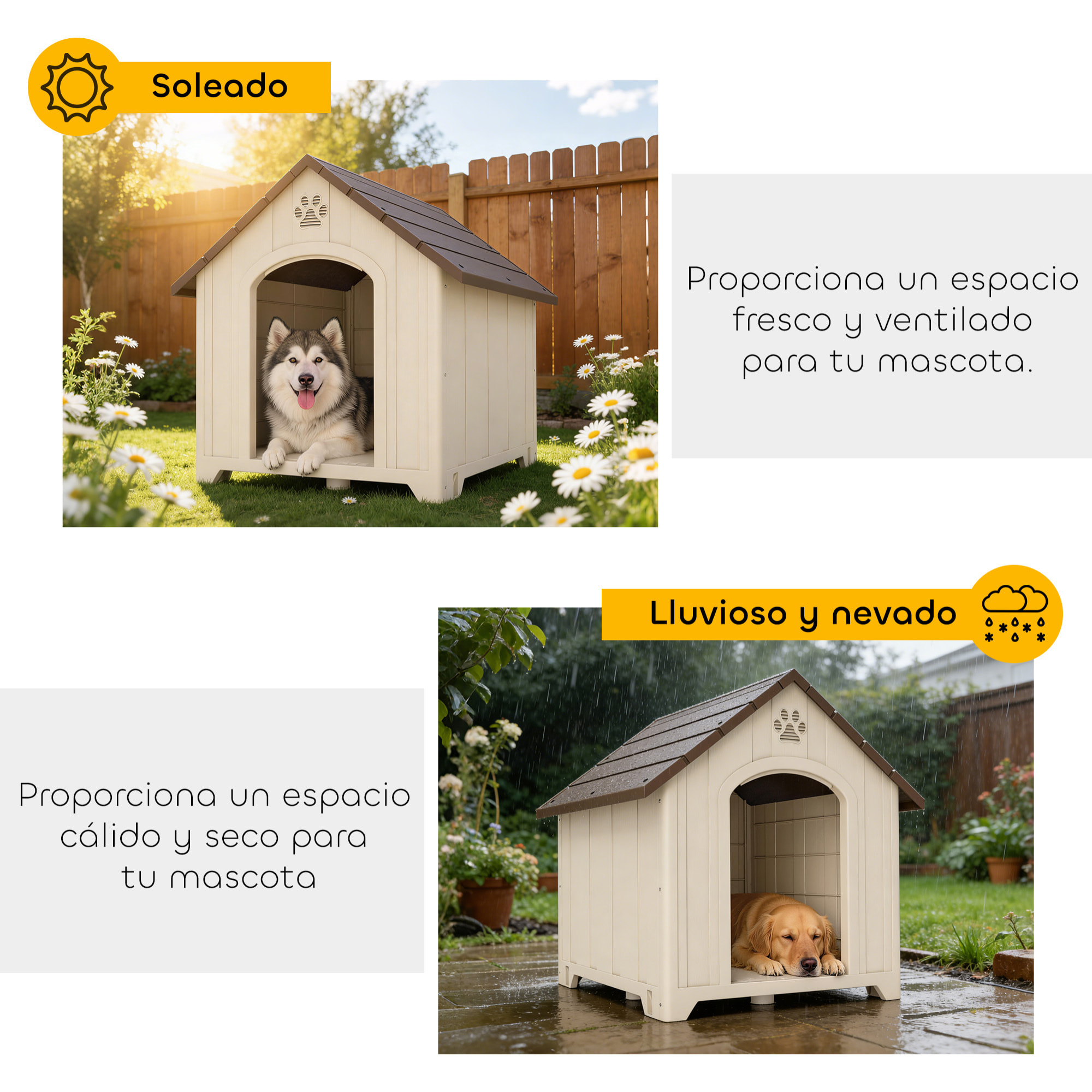 Caseta para Perros Exterior, Casa para Perros Extragrandes de Plástico Impermeable con 2 Ventanas, Base Elevada, Estacas, Fácil de Montar, 102x94x103 cm, Beige