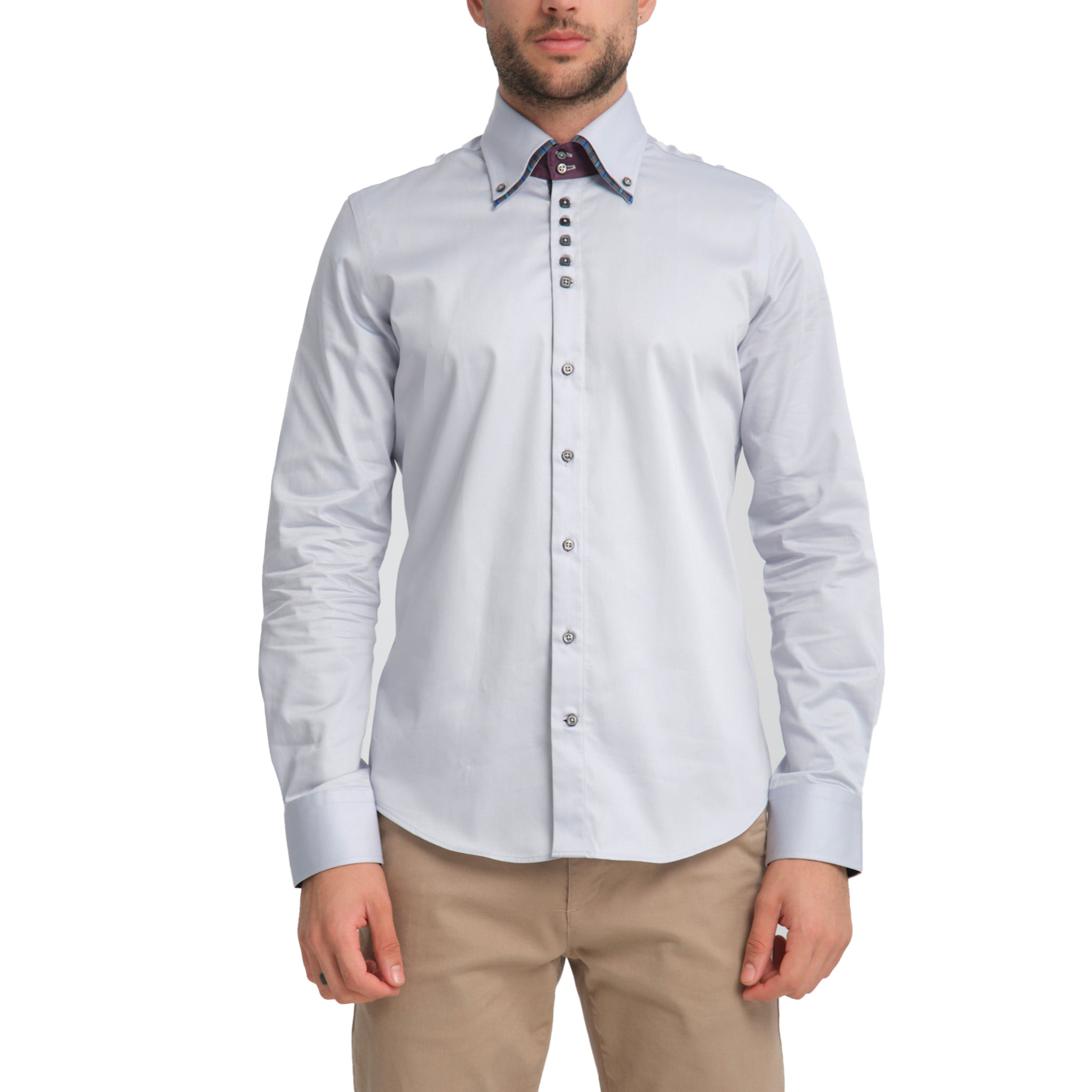 Camicia Uomo 2 Bottoni Button Down 7bottoni Doppio Coll Satin Unito Grigio