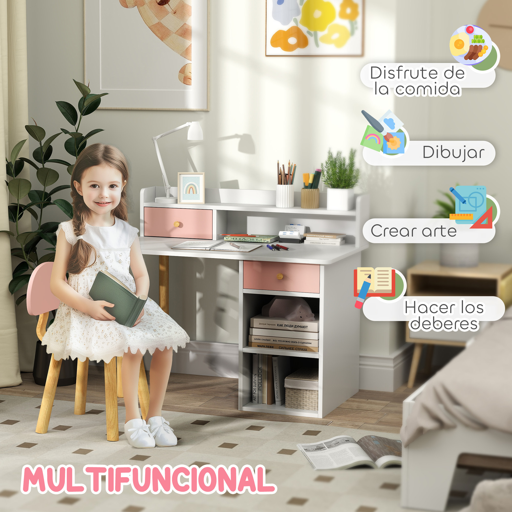 Juego de Escritorio y Silla para Niños de +3 Años Pupitre Infantil con Cajones Compartimento y Estantes para Dormitorio Sala Estudio Rosa y Blanco