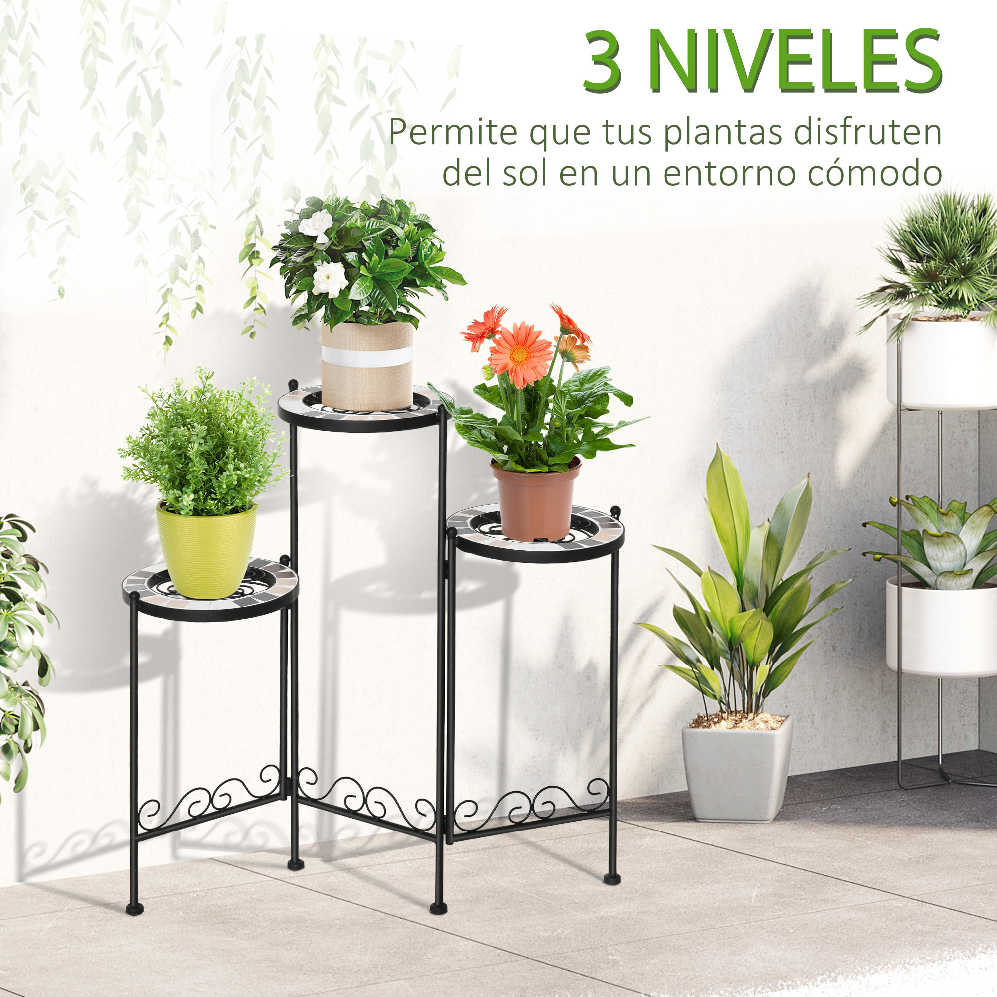 Soporte de Metal para Plantas Mecetas Plegable con 3 Estantes y Borde de Azulejo