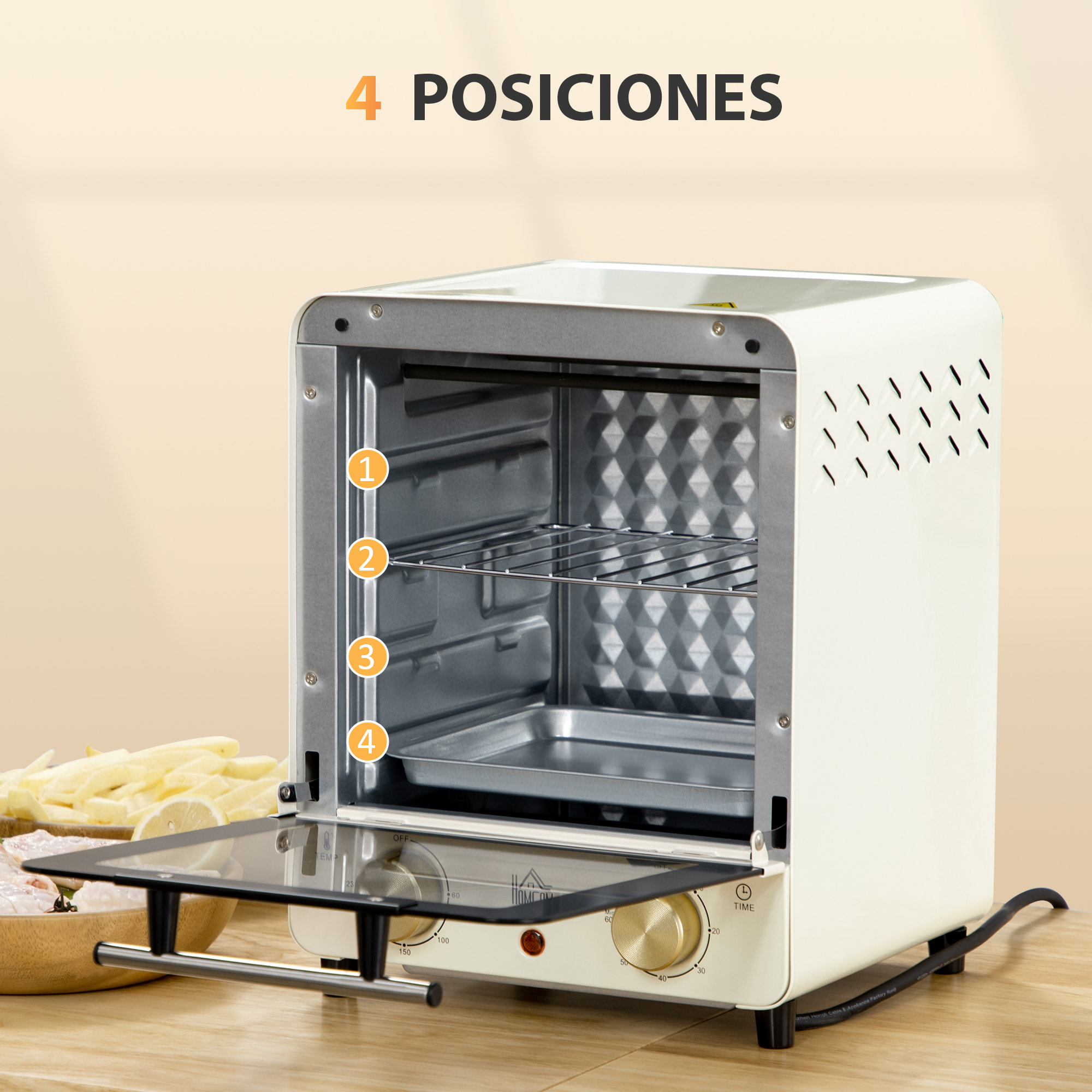 Horno Eléctrico Sobremesa 15 Litros 1000W Horno Tostador con Temperatura hasta 230 ℃ Temporizador 60 Minutos Bandeja y Rejilla 25,5x27,5x32 cm Crema