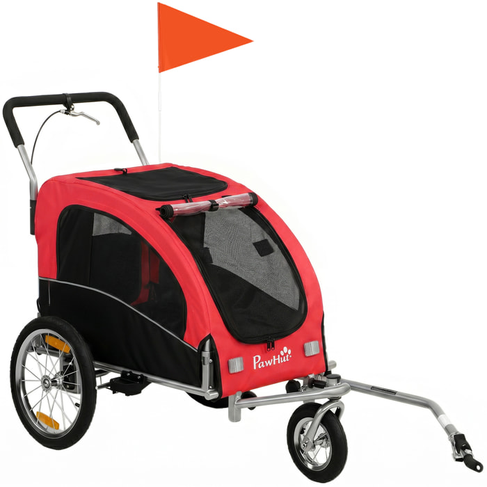 Remorque vélo jogger 2 en 1 pour animaux drapeau roue avant pivotante réflecteurs et barre d'attelage inclus rouge noir
