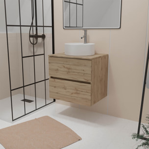 Meuble Salle de Bains 60cm 2 Tiroirs Chêne Naturel + Vasque Ronde Diamètre 41cm en Céramique Blanche