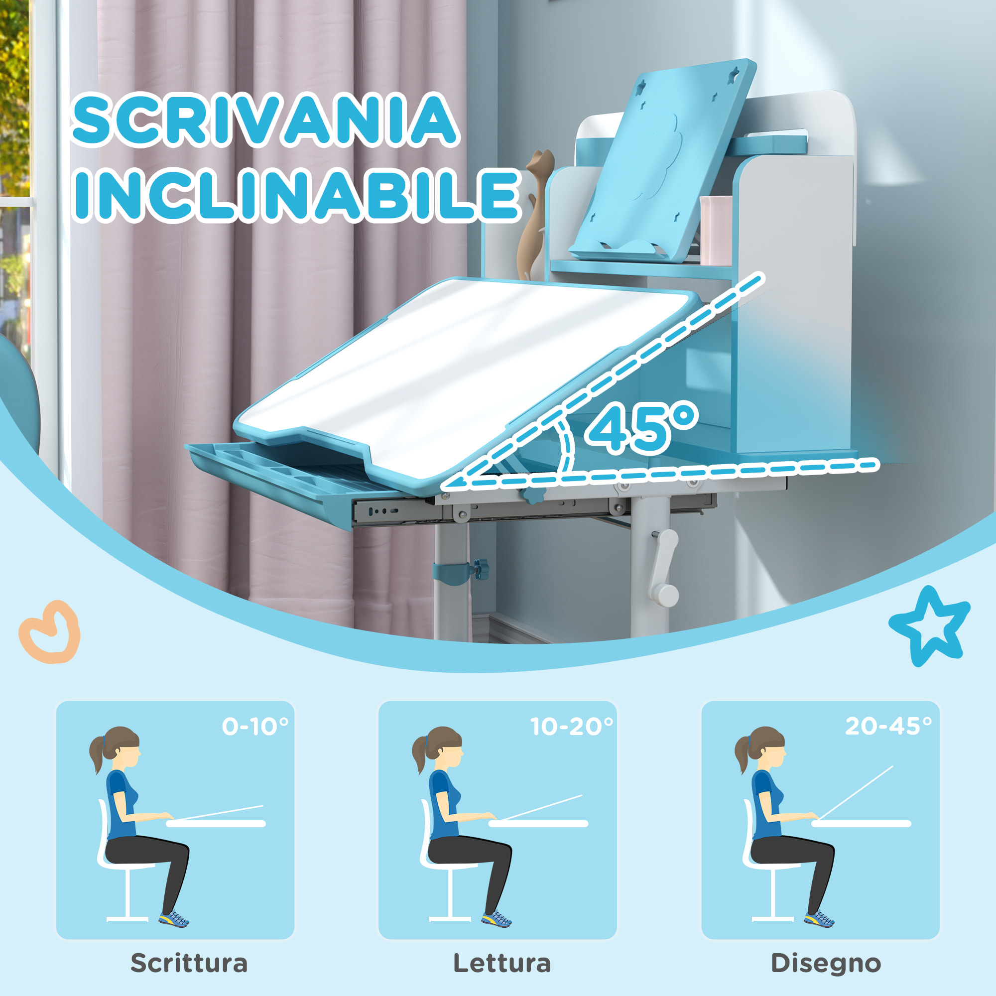 Set Scrivania E Sedia Bambini HOMCOM - Regolabile, Rosa, Con Lampada LED