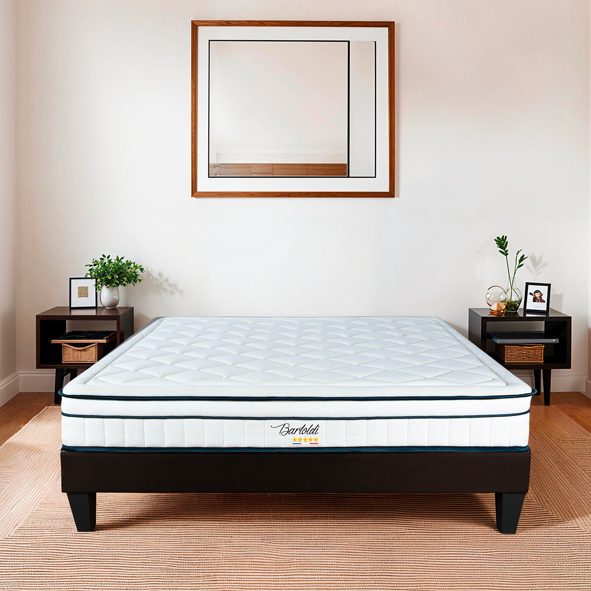 Ensemble Matelas Hybride Bartoldi & Sommier KIT15, 22 cm, Ressorts Ensachés & Mémoire de Forme, technologie Tri-Lattes, Soutien Ferme