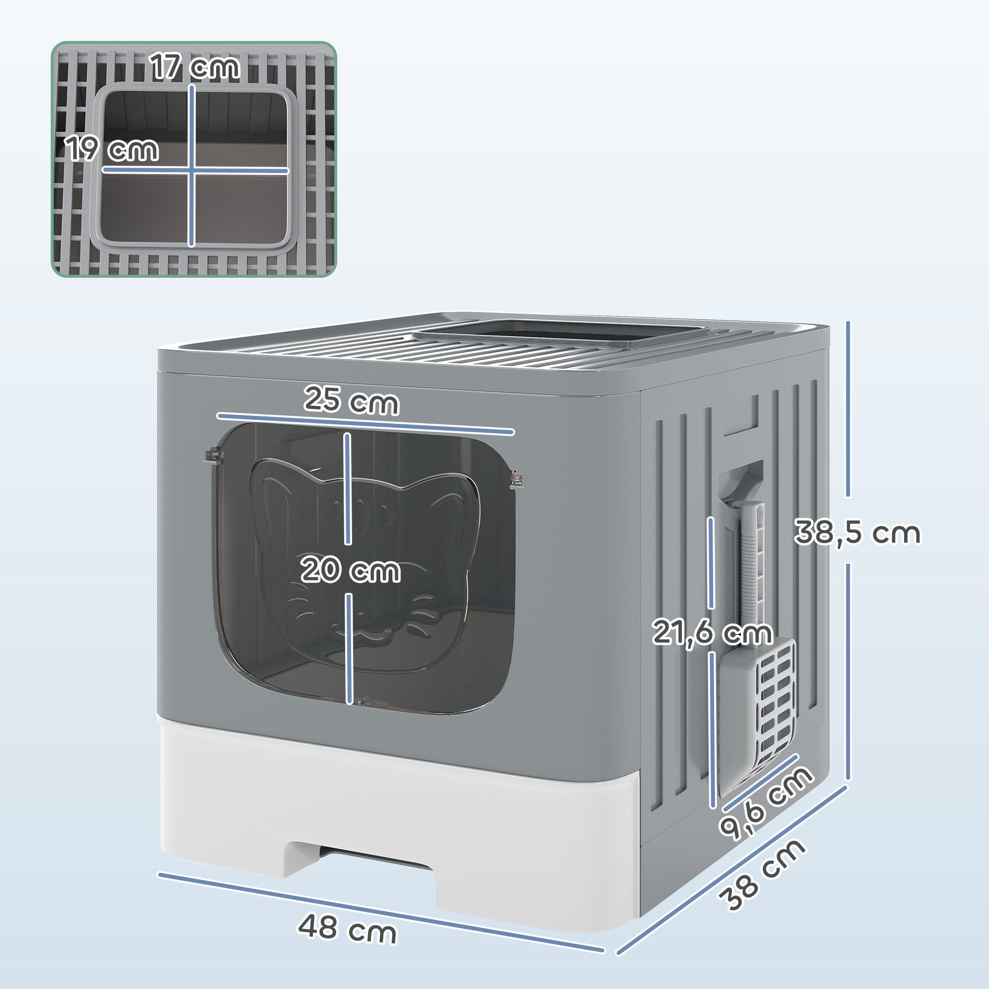 Arenero para Gatos Plegable, M, Caja de Arena para Gatos con Tapa Enrejada, Bandeja Extraíble, Pala, Gancho Lateral, Fácil de Limpiar, Antifugas, Control de Olores, Gris
