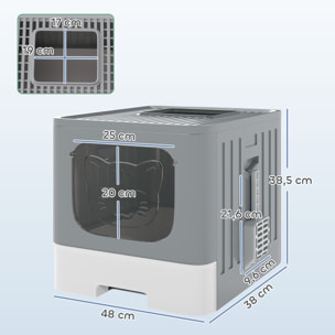 Arenero para Gatos Plegable, M, Caja de Arena para Gatos con Tapa Enrejada, Bandeja Extraíble, Pala, Gancho Lateral, Fácil de Limpiar, Antifugas, Control de Olores, Gris
