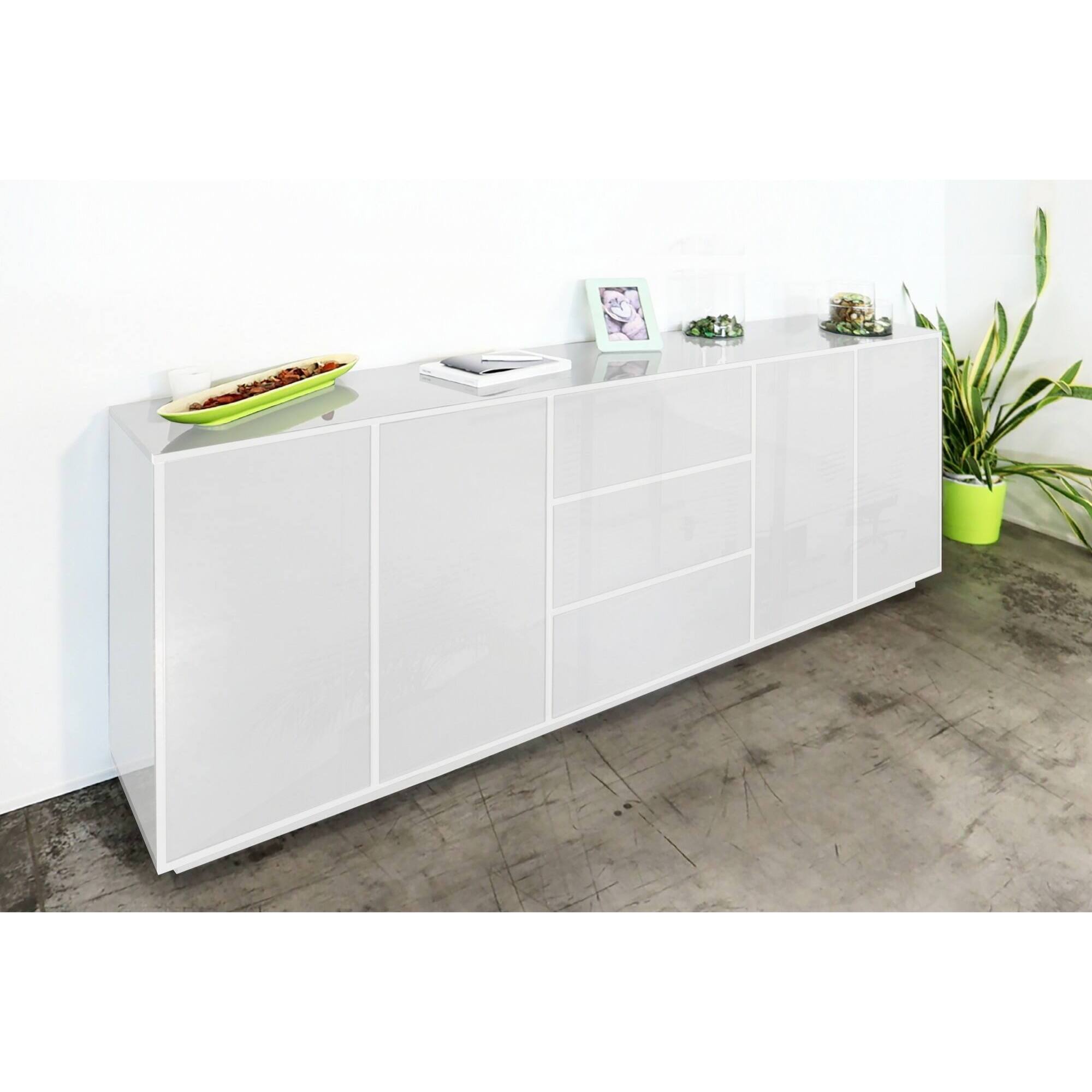 Credenza Jack, Madia da cucina a 4 ante e 3 cassetti, Buffet da soggiorno, 100% Made in Italy, cm 220x41h86, Bianco lucido