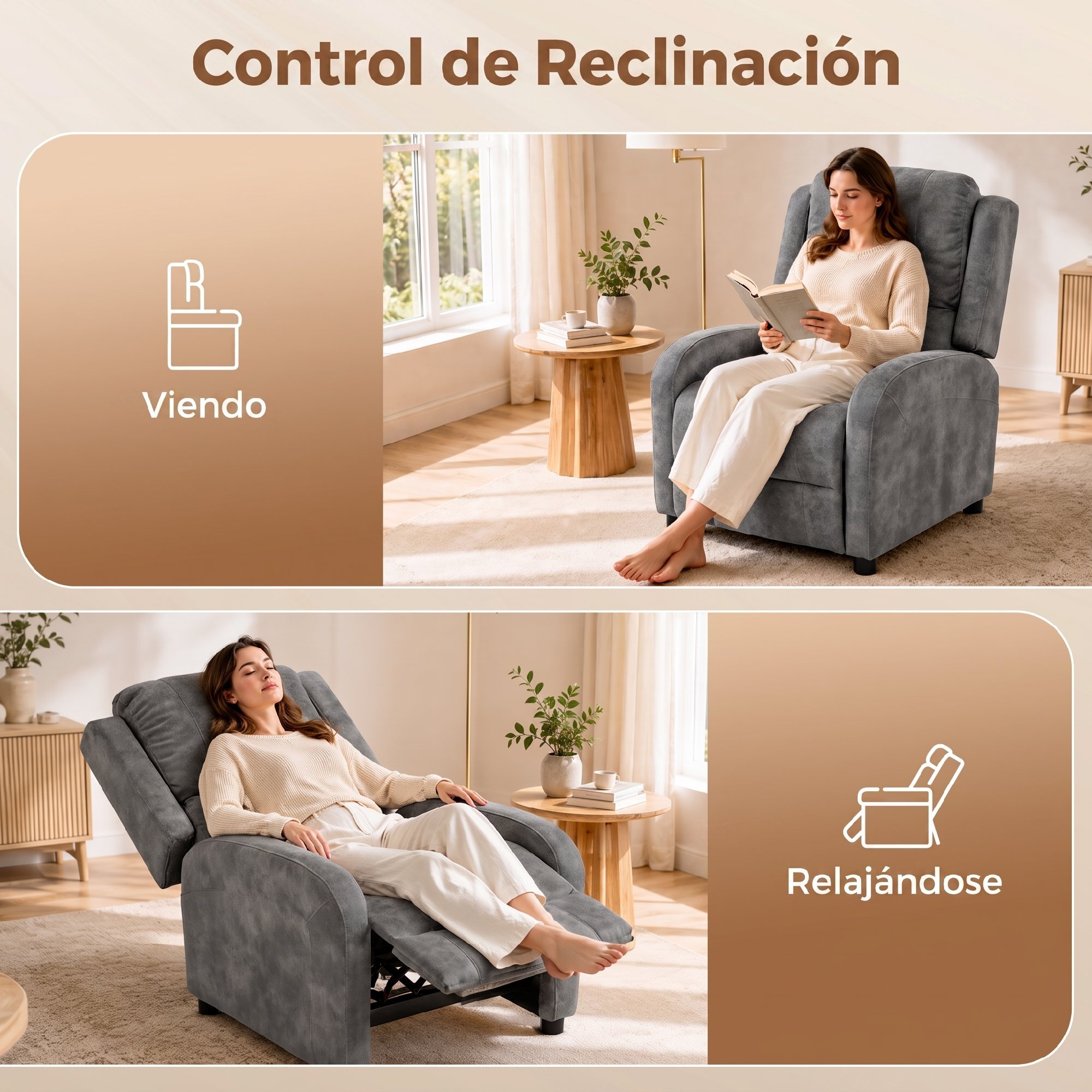 HOMCOM Sillón Relax Reclinable, Sillón Reclinable Manual, Tapizado en Cuero Sintético, Instalación Rápida, Reposapiés, Muelles Ensacados y Acolchado Grueso, para Salón, Dormitorio, Oficina, Gris