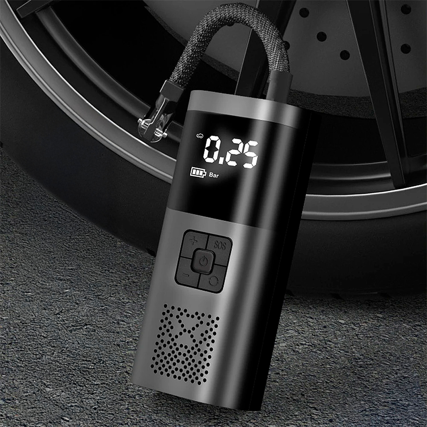 Bomba de aire portátil e inalámbrica paa coche, de 150PSI con luz LED, 3 modos de uso y 4 boquillas incluidas.