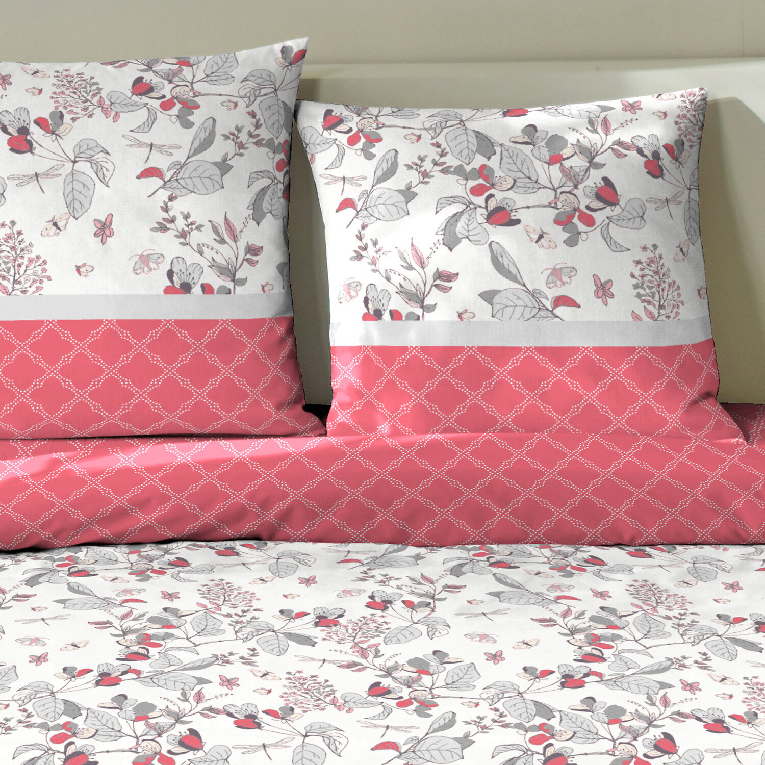 Parure housse de couette 100% coton à motif floral - rose