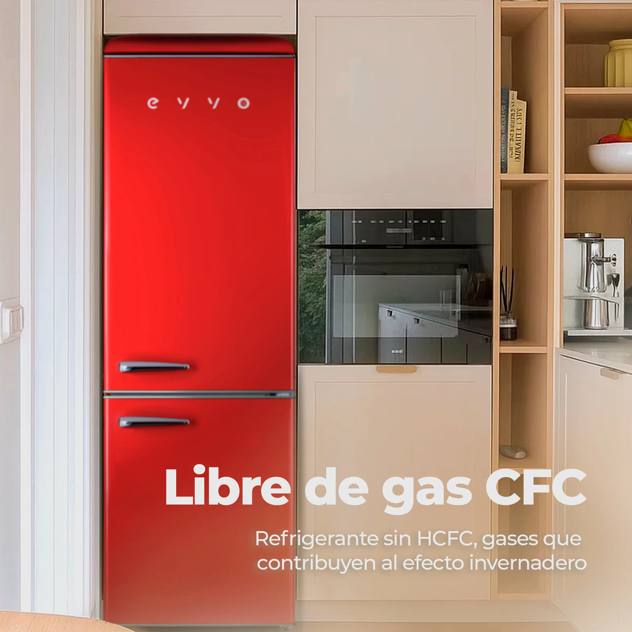 EVVO Frigorífico combi F55 Retro Rojo, refrigerador 216 litros, congelador 84 litros, diseño vintage, cajón Crisper Zone, Turbo fan, libre de gas CFC, silencioso