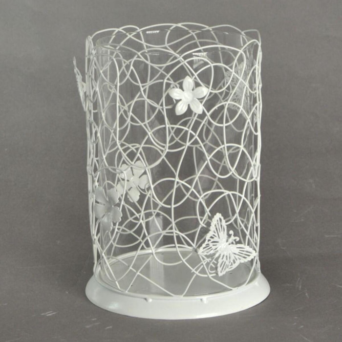 Portacandele in metallo bianco con farfalle grande cm13x13h20