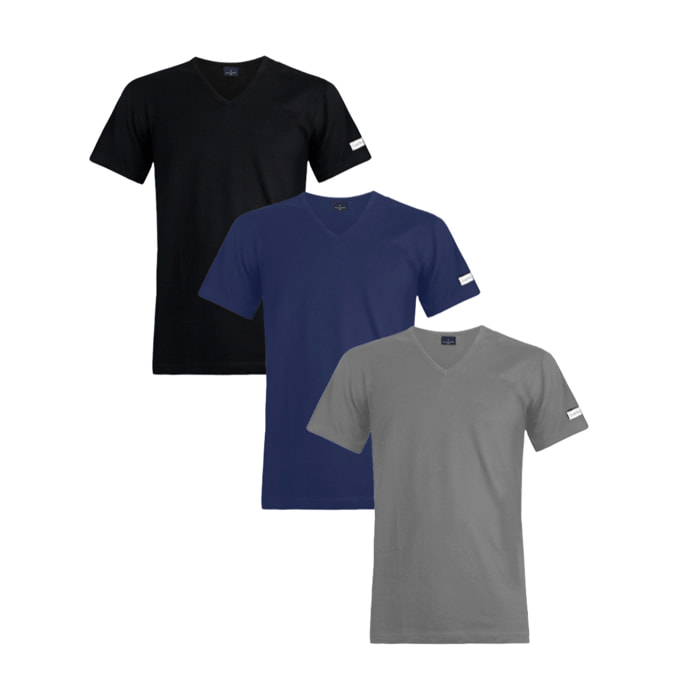 3 T-shirt da Uomo Scollo a V in 100% Cotone Navigare, Art. 512 Ass (Nero-Navy-Grigio)