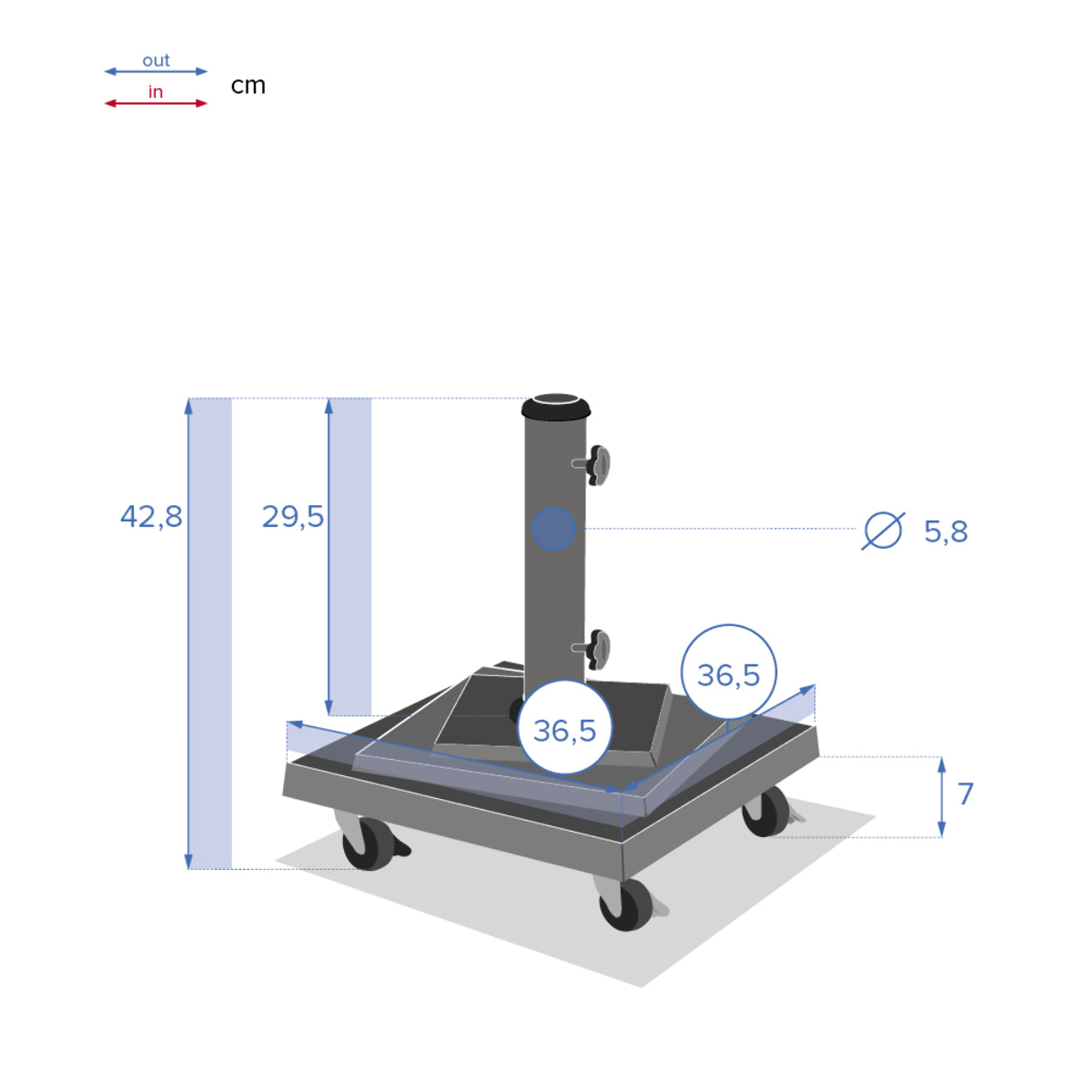 Pied de parasol carré à roulettes Noir