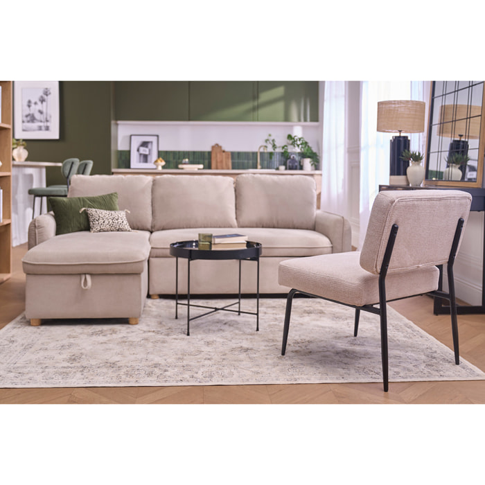 Fauteuil en tissu chenille beige et métal noir VEDANA