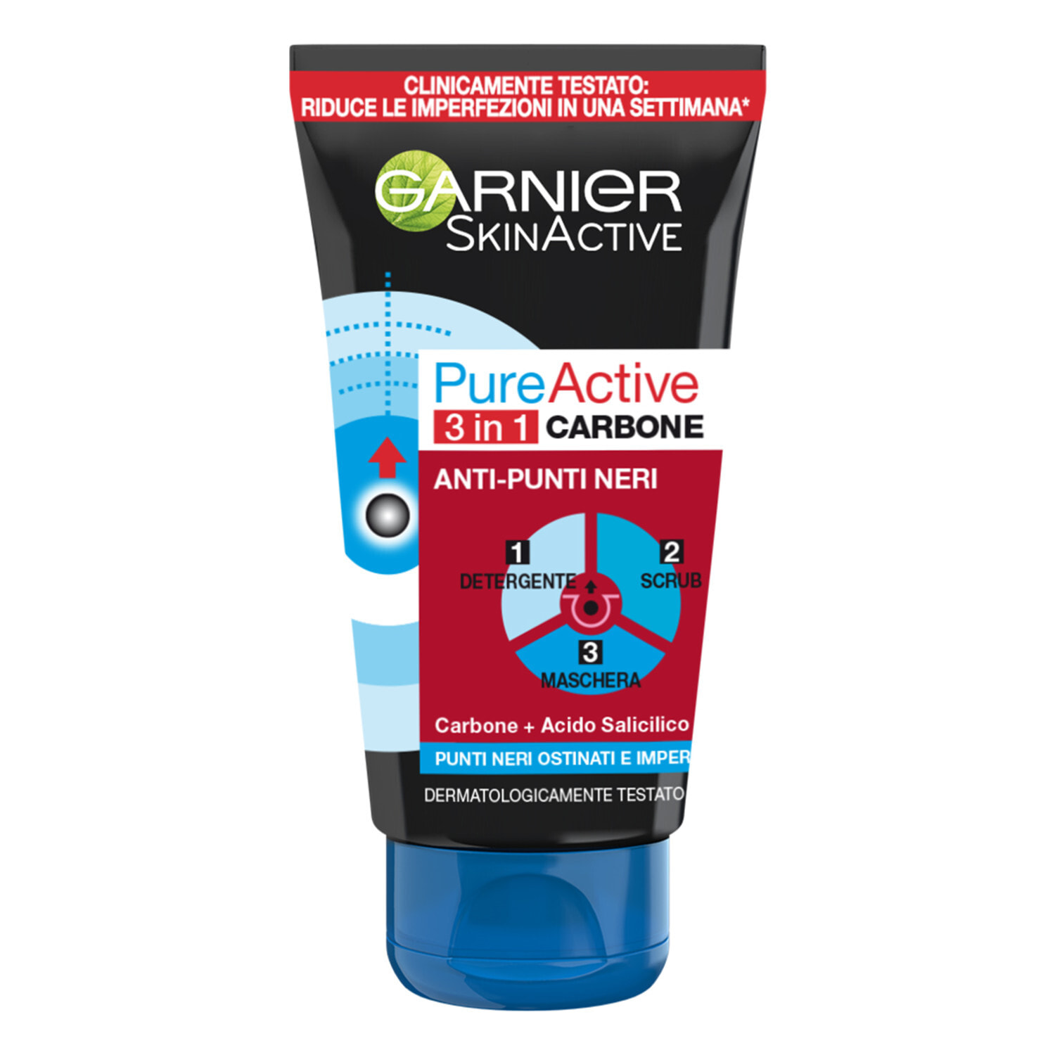 2x Trattamento Viso 3in1 Detergente Scrub Maschera Anti Punti Neri SkinActive Pure Active con Carbone ed Acido Salicilico - 2 Flaconi da 150ml