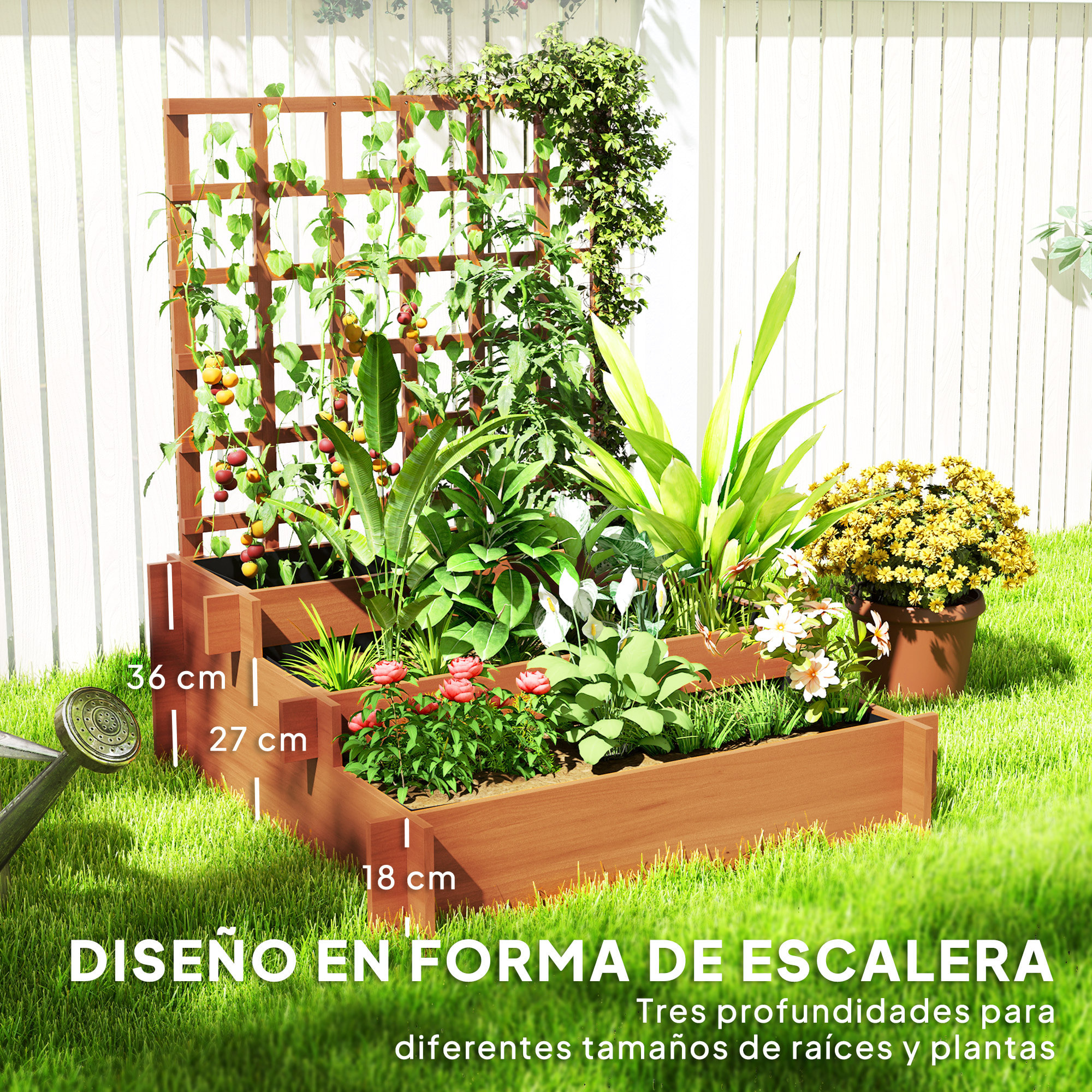 Jardinera con Enrejado de 3 Niveles, Jardinera Exterior Grande de Madera para Plantas Trepadoras, con Tela no Tejida, Macetero Elevado para Jardín, Patio, Terraza, 95x95x110 cm, Marrón