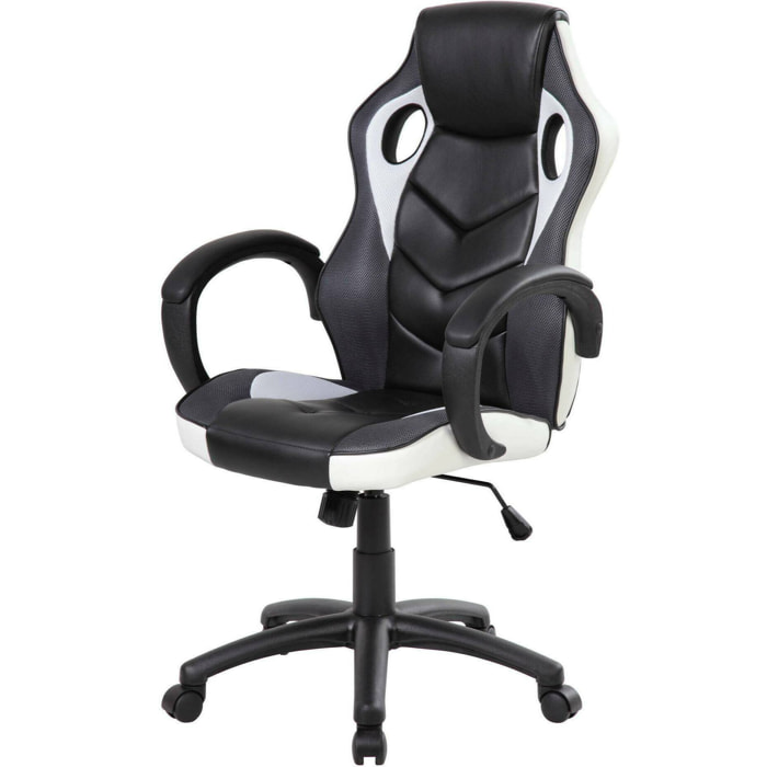 Sedia da gaming Caloundra, Poltrona da gaming adulto, Sedia da scrivania, 66x61h104/114 cm, Nero e Bianco