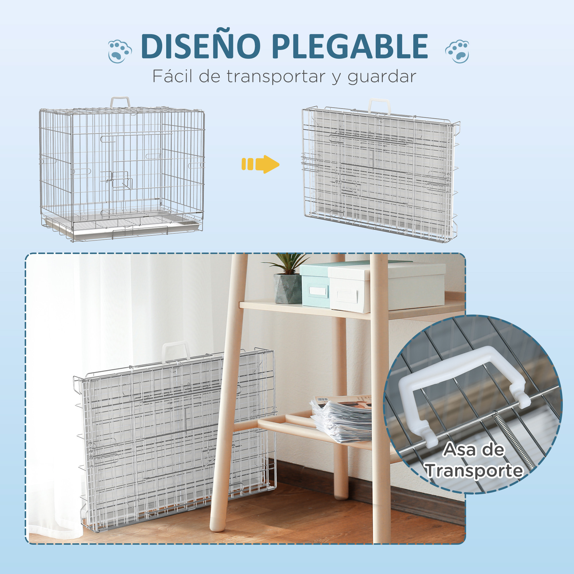 Jaula Plegable para Perros Perrera Metálica 61x43x50 cm Jaula Metálica para Perros con Bandeja Extraíble y 2 Puertas con Pestillo Blanco