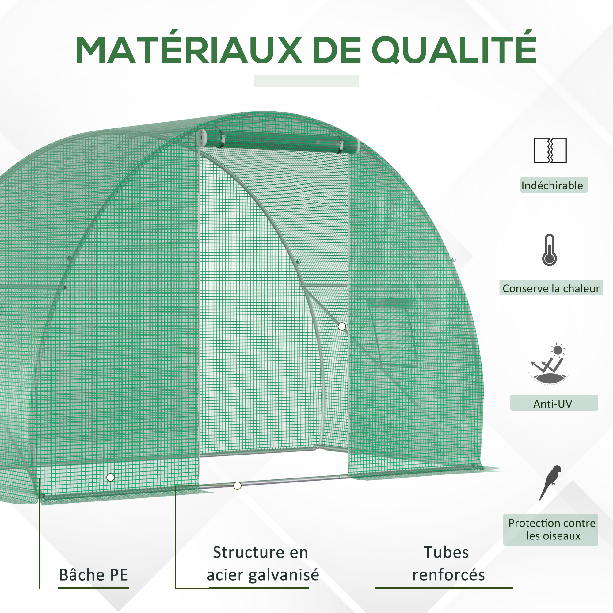 Serre de jardin tunnel surface sol 4,5 m² dim. 3L x 1,5l x 2H m châssis tubulaire renforcé porte zippée 2 fenêtres enroulables vert