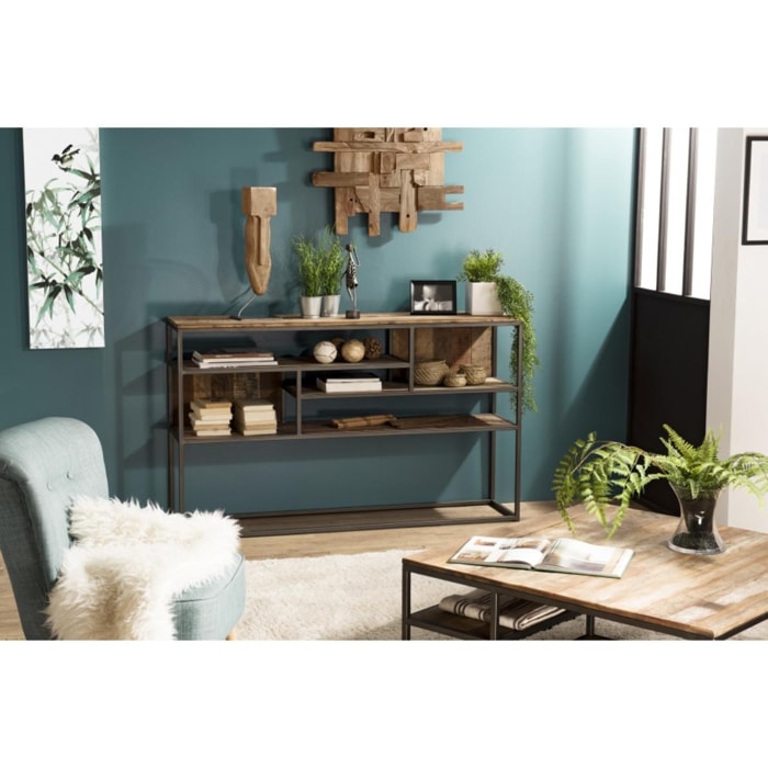 ALIDA - Console marron 4 niveaux Teck recyclé Acacia Mahogany recyclé et métal noir
